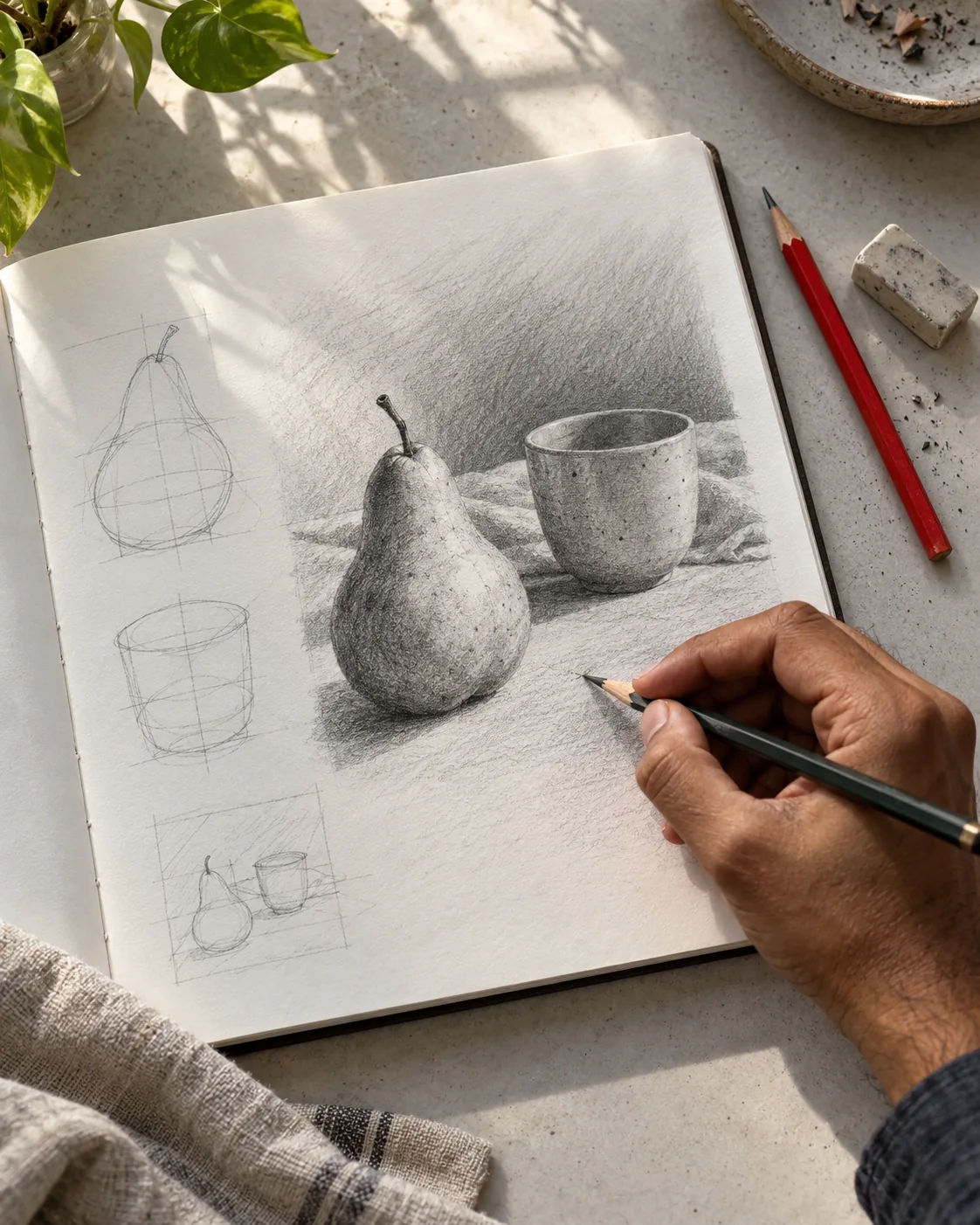 A hand drawing a pear and cup in a graphite sketchbook, from construction lines to shading