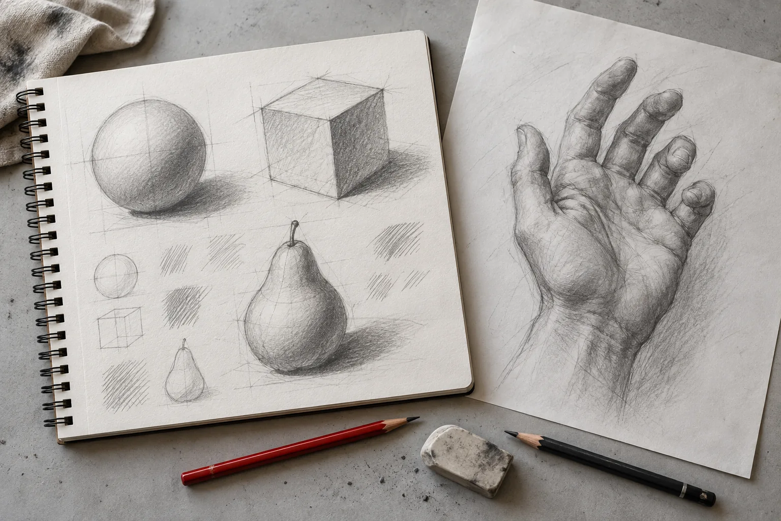 Graphite studies of a sphere, cube, pear and hand on paper