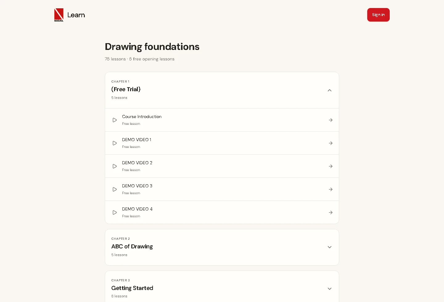 Actual public NIDAL Learn course page showing Drawing foundations and its chapter list